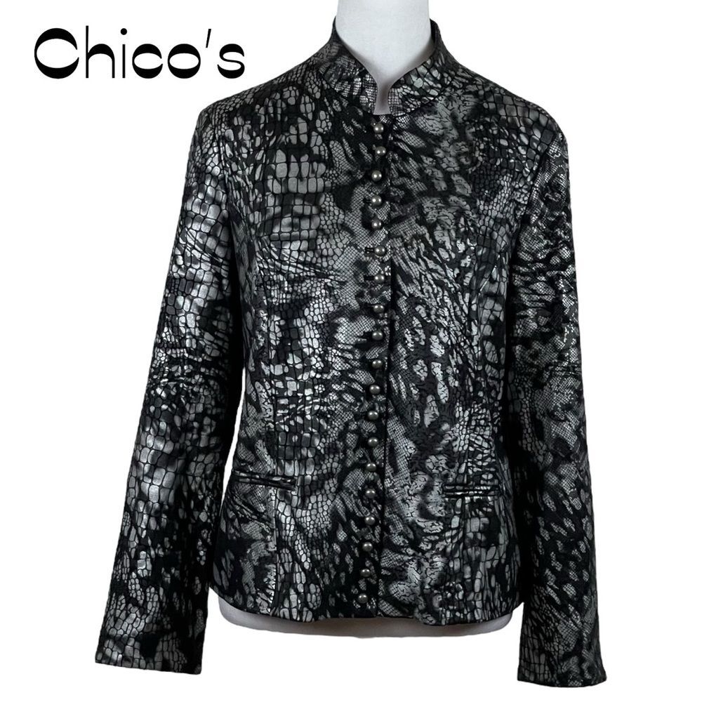 Chico’s Metallic Black Silver Long Sleeve Jacket NWOT Size 8 Coastal Grandma